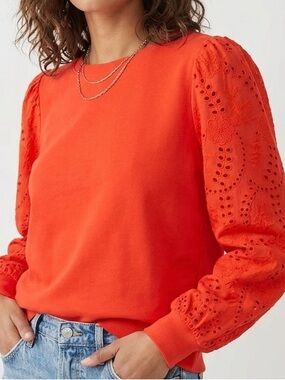 TALBOTS Poppy Orange Red Eyelet Puff Sleeve Sweatshirt Cotton M